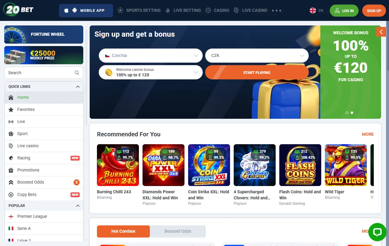 Αρχική σελίδα της 20bet Casino με καζίνο και αθλητικό στοίχημα