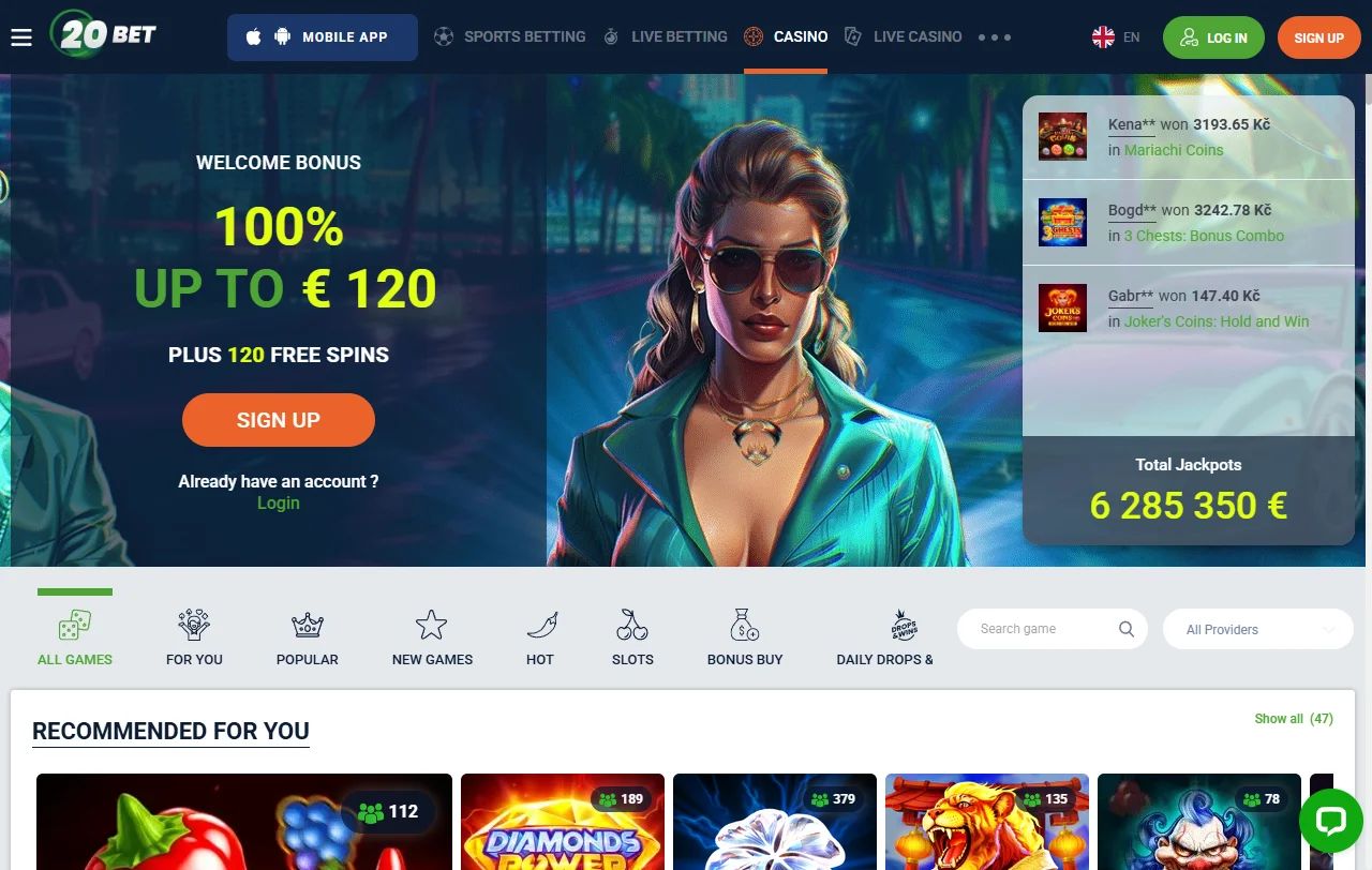 Μπόνους καλωσορίσματος της 20bet Casino έως 120 € με free spins