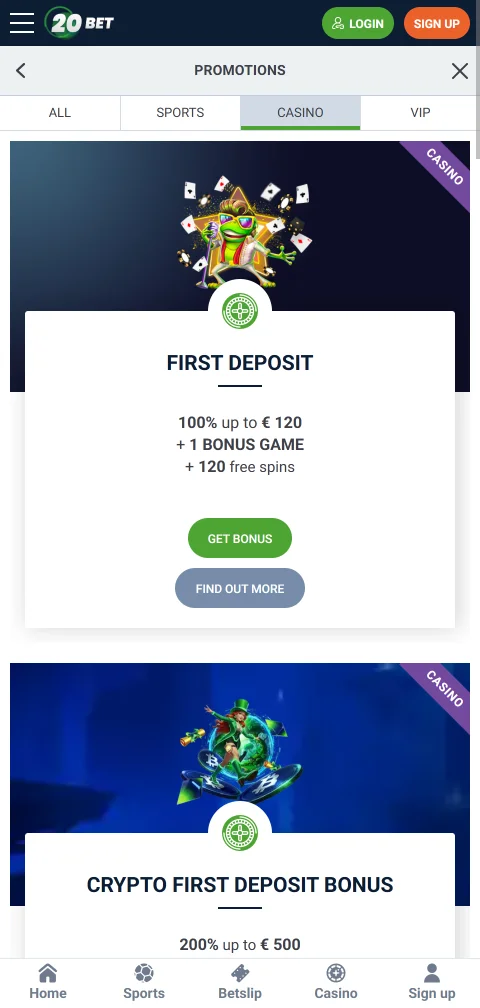 Μέθοδοι κατάθεσης και ανάληψης της 20bet Casino στο κινητό