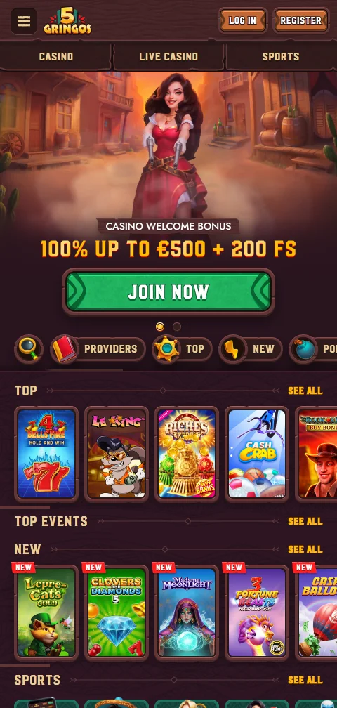 Το 5Gringos Casino σε browser κινητού χωρίς native εφαρμογή
