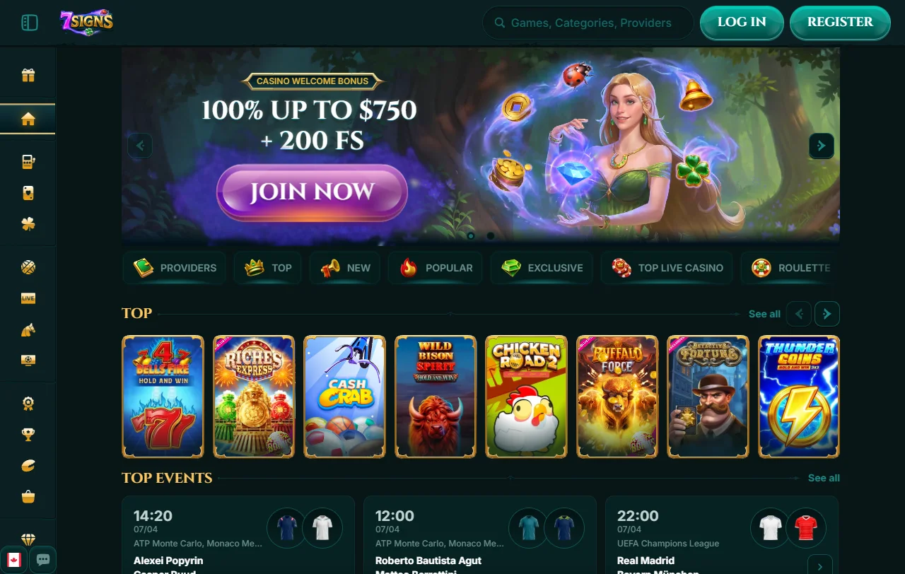 Αρχική σελίδα του 7Signs Casino με το σύστημα επιλογής avatar και μπόνους