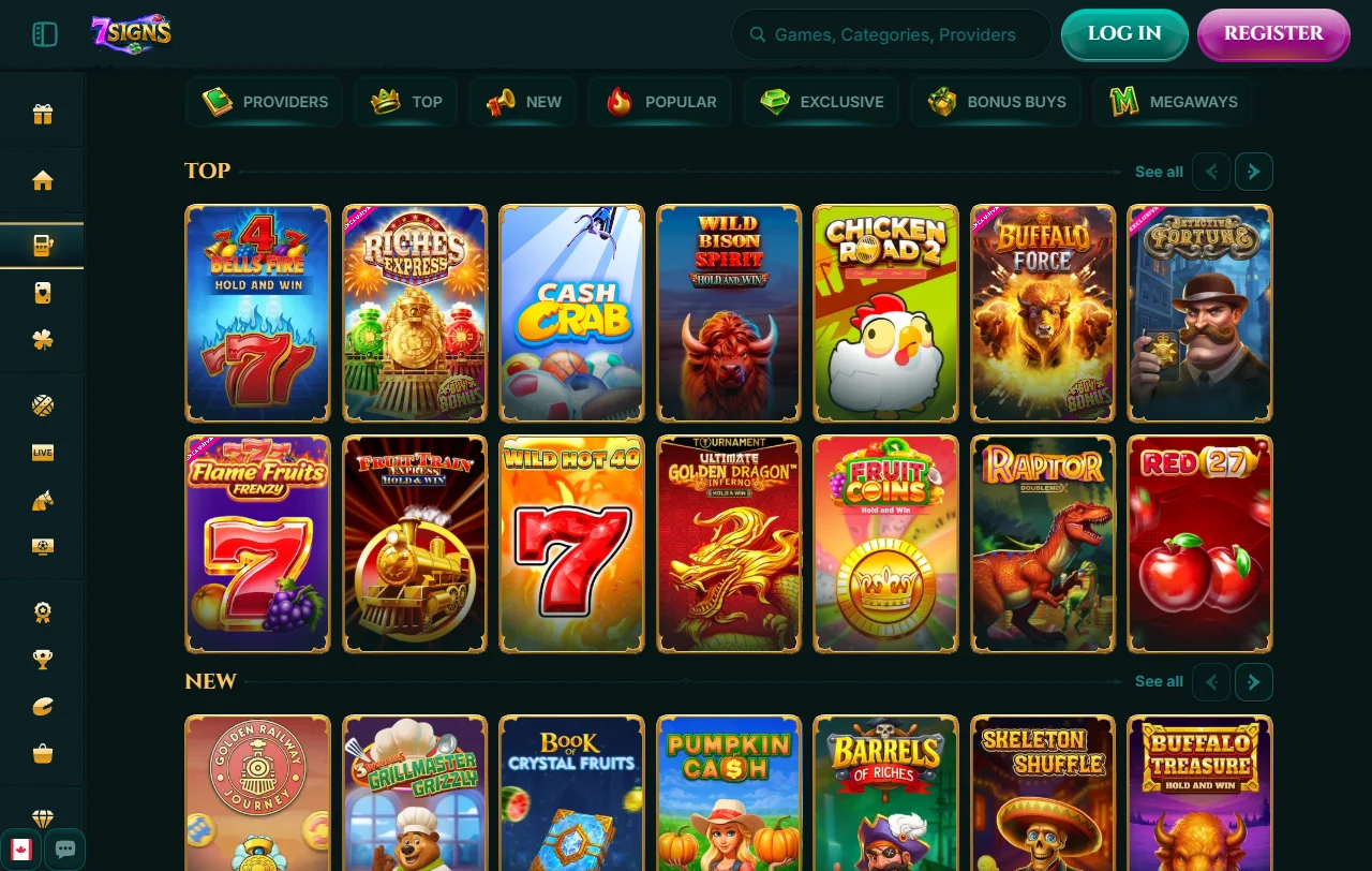 Κατάλογος παιχνιδιών του 7Signs Casino με κουλοχέρηδες και σελίδες παρόχων
