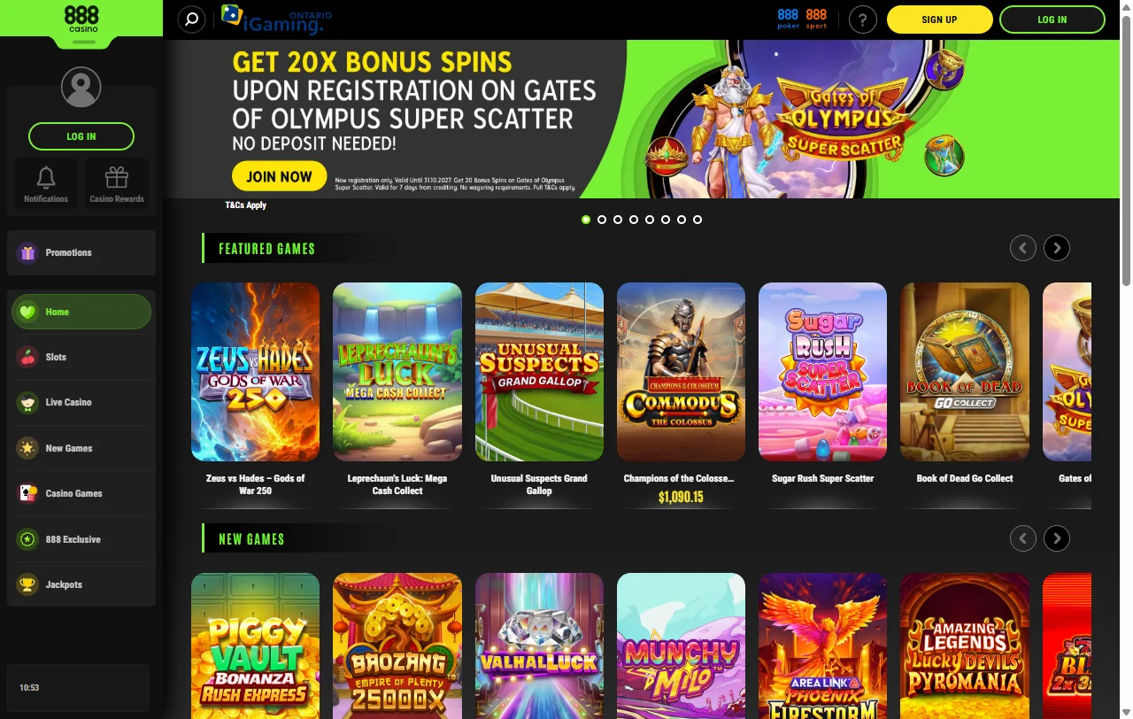 Γενική εικόνα της αρχικής σελίδας του 888 Casino σε υπολογιστή