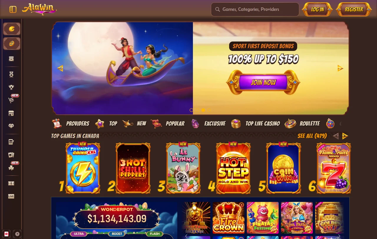 Αρχική σελίδα του Alawin Casino με casino και αθλητικό στοίχημα
