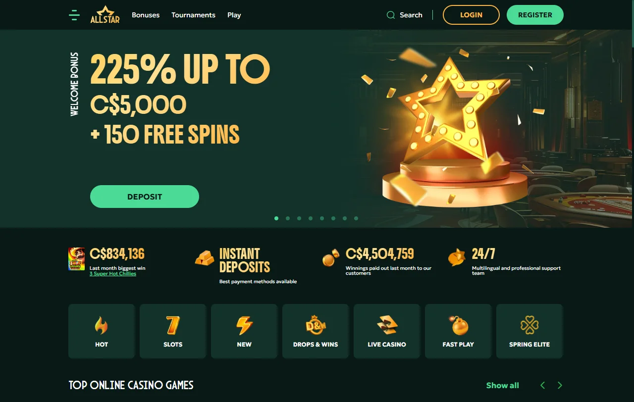 Αρχική σελίδα του AllStar Casino με την ανακοίνωση κλεισίματος της πλατφόρμας