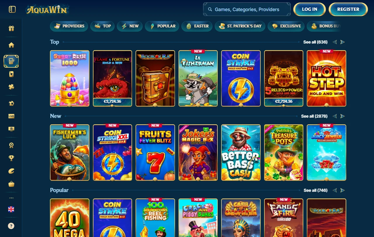 Aquawin Casino και ο κατάλογος περίπου 12.500 slots και live τραπεζιών