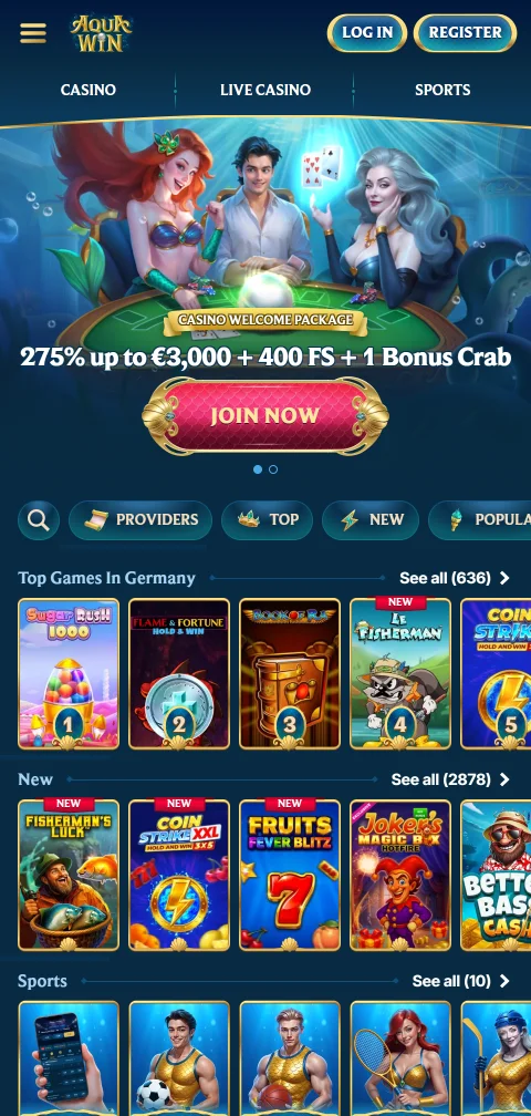 Aquawin Casino σε browser κινητού με HTML5, χωρίς εφαρμογή iOS ή Android