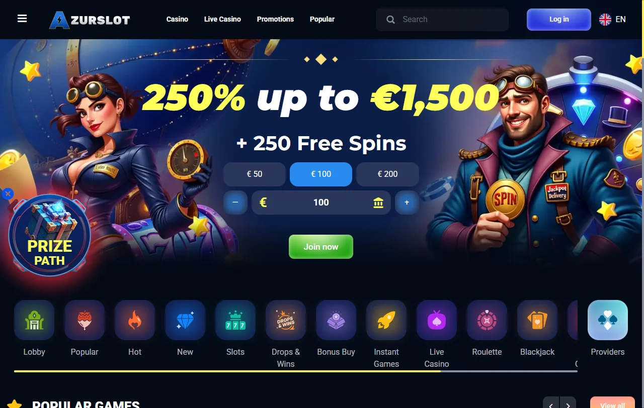Επισκόπηση του AzurSlot Casino με κατηγορίες παιχνιδιών και πρόσβαση στο ταμείο
