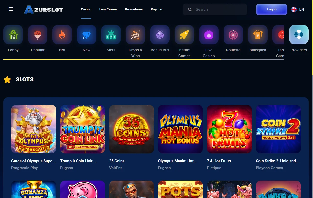 Κατάλογος κουλοχέρηδων του AzurSlot Casino με φίλτρα ανά πάροχο και demo