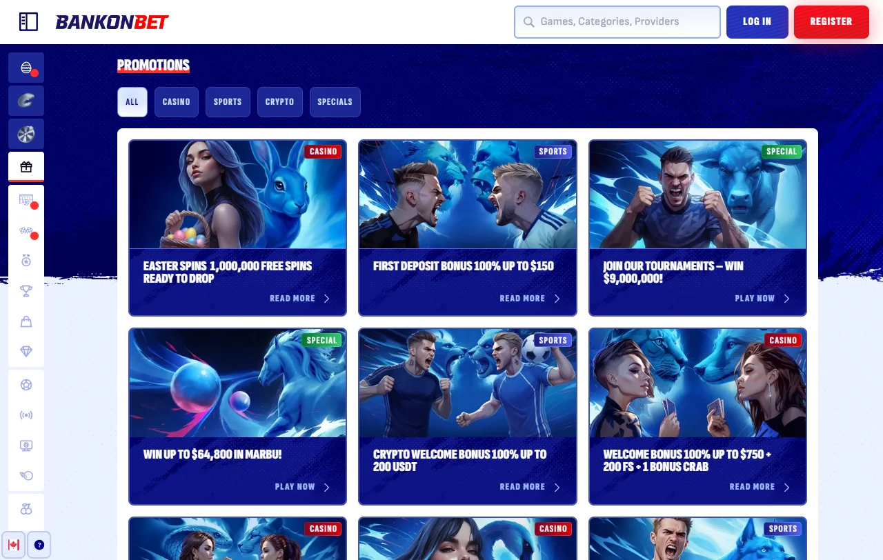 Λόμπι παιχνιδιών της BankonBet Casino με slots, jackpots και live τραπέζια