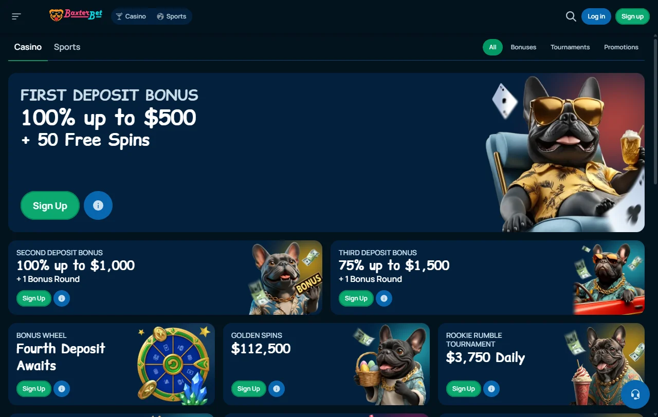 Πακέτο καλωσορίσματος του Baxterbet Casino έως 1.500 € με wagering 35x