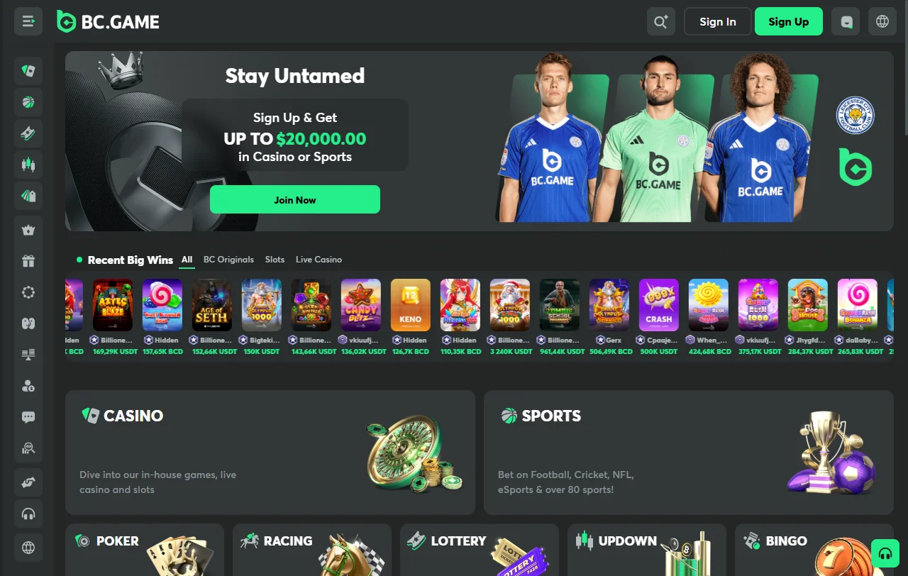 Επισκόπηση του BC Game Casino με sportsbook και BC Originals στην αρχική