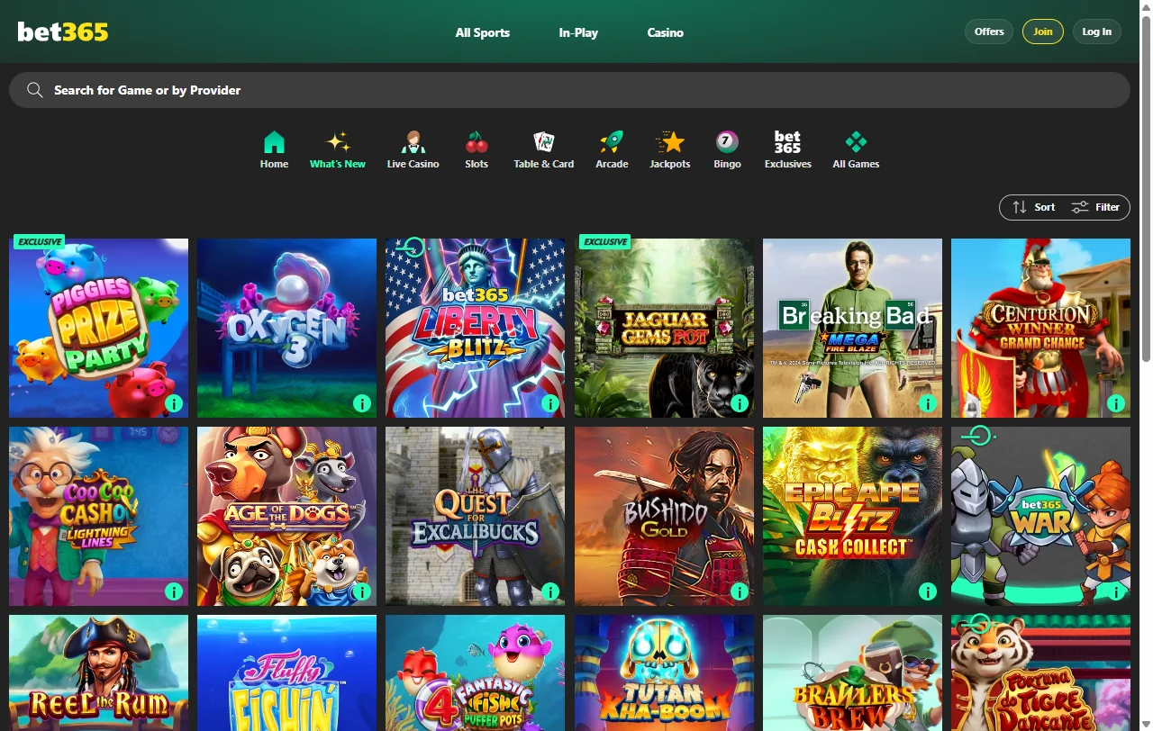 Βιβλιοθήκη παιχνιδιών του bet365 Casino με slots Playtech και Pragmatic Play
