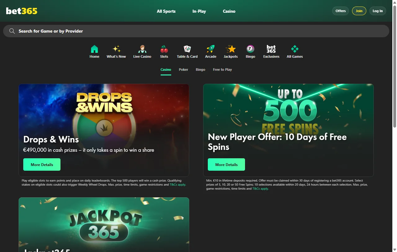 Πακέτο καλωσορίσματος του bet365 Casino με μπόνους 100% έως 1.000€