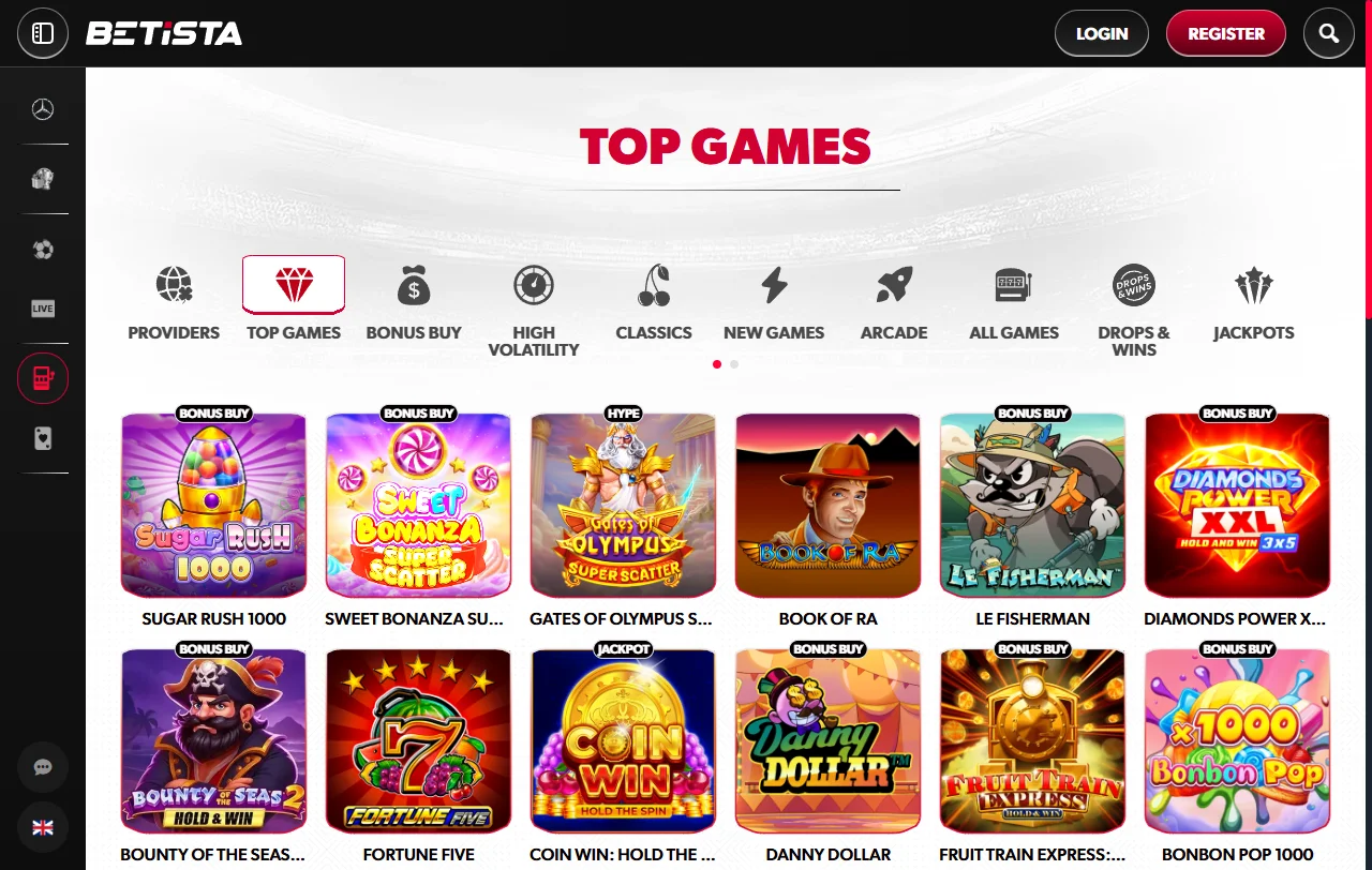 Κατάλογος παιχνιδιών του Betista με slots από Pragmatic Play και Hacksaw Gaming