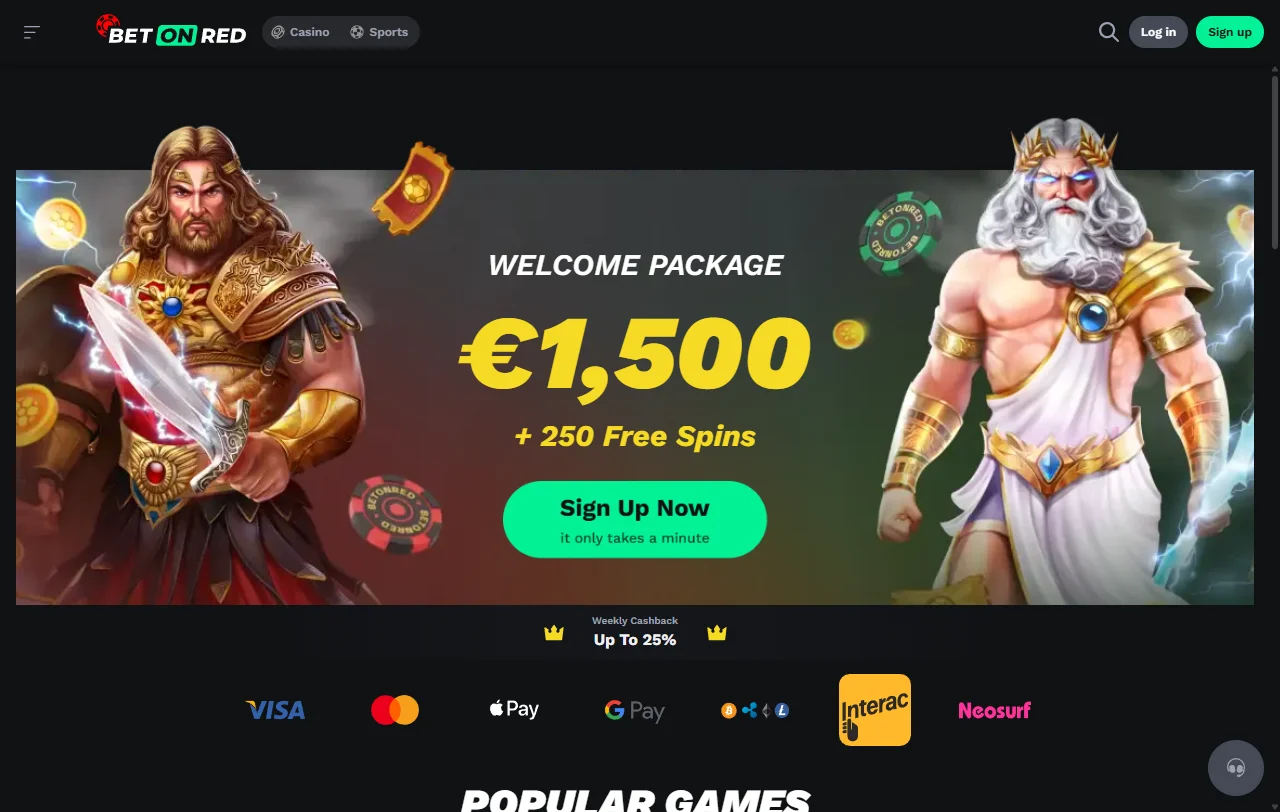 Αρχική σελίδα του BetOnRed Casino με casino και sportsbook στον ίδιο λογαριασμό