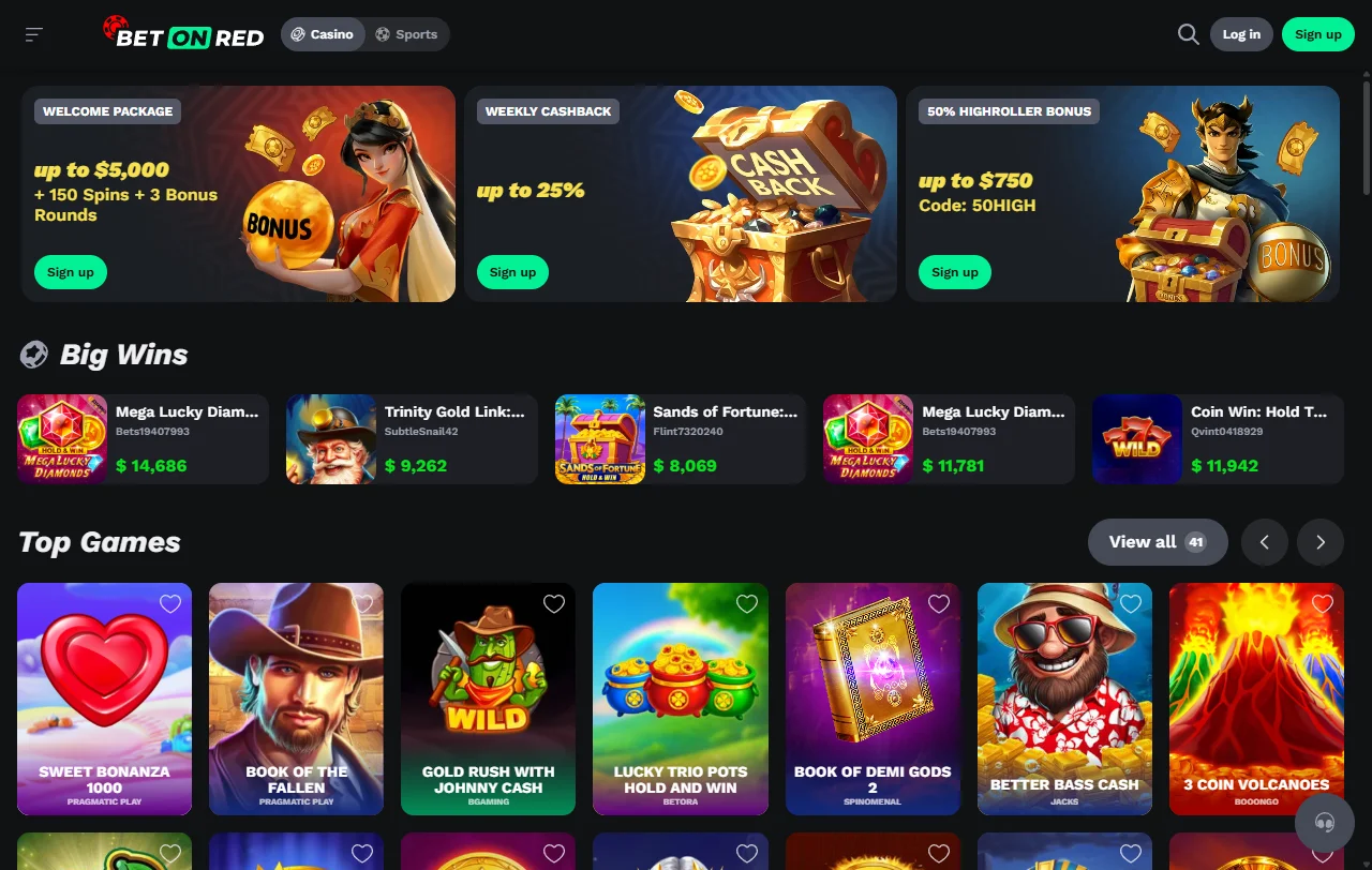Κατάλογος slots του BetOnRed Casino με τίτλους Pragmatic Play και Hacksaw Gaming
