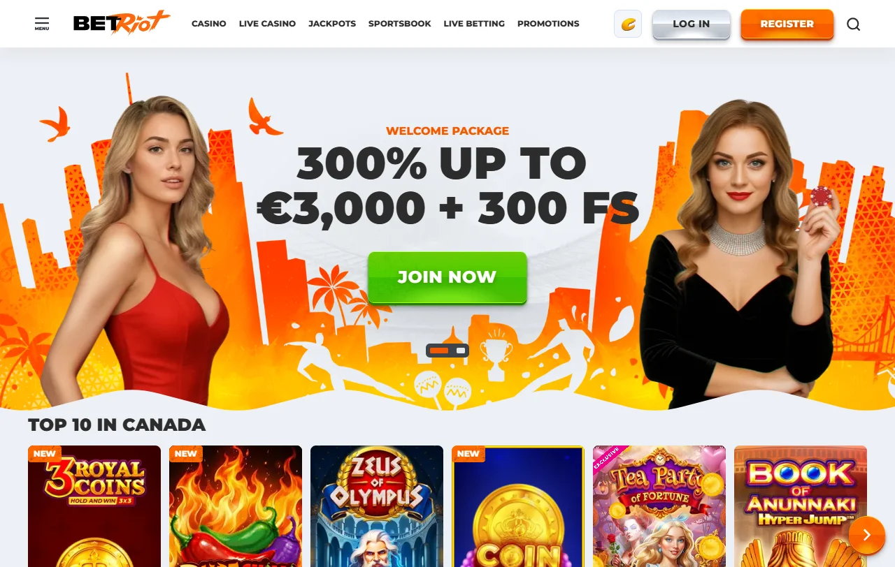 Αρχική σελίδα του BetRiot Casino με καζίνο και sportsbook σε ένα λογαριασμό