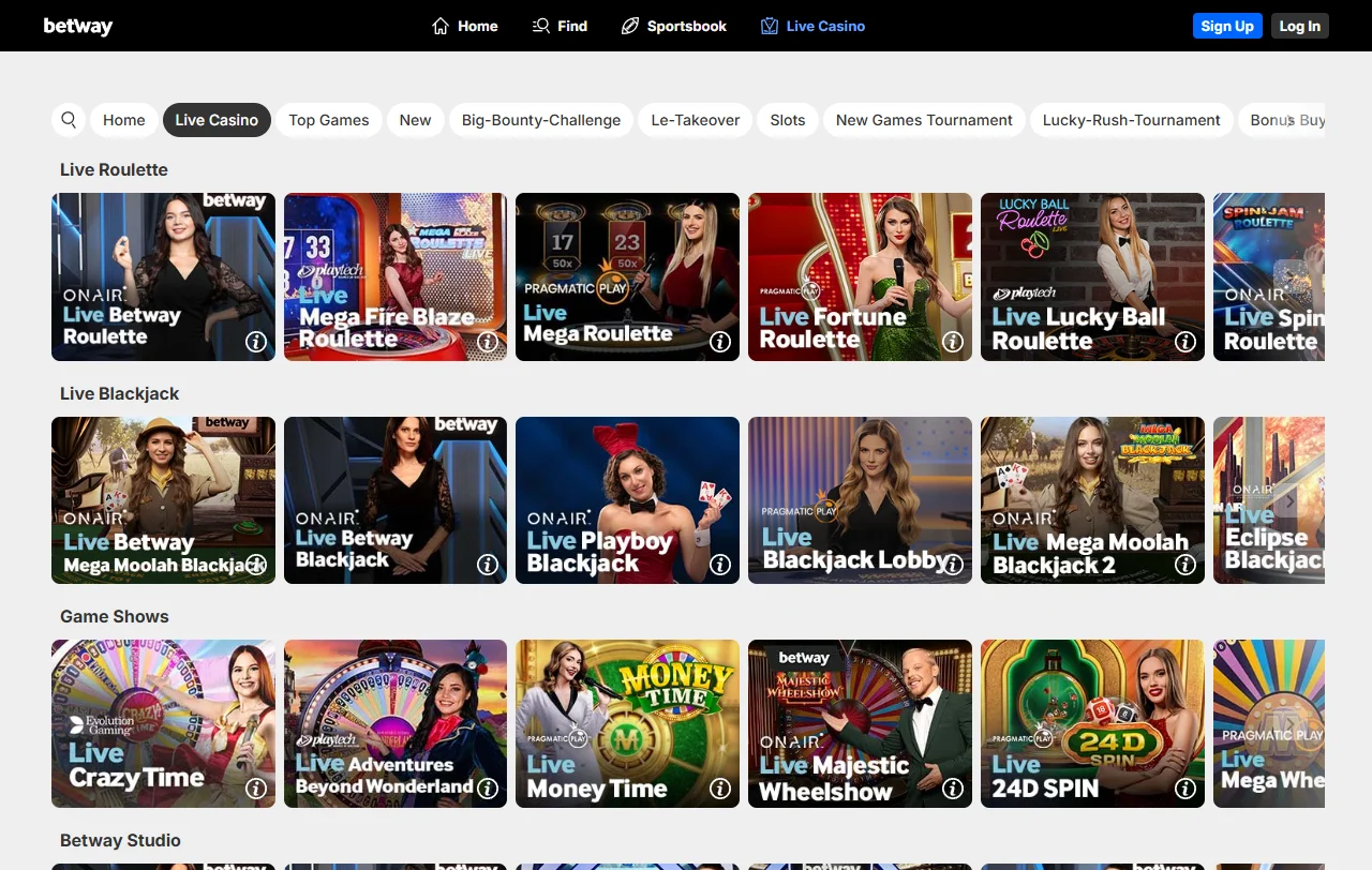 Λόμπι παιχνιδιών Betway Casino με slots από Evolution, Playtech και Pragmatic Play