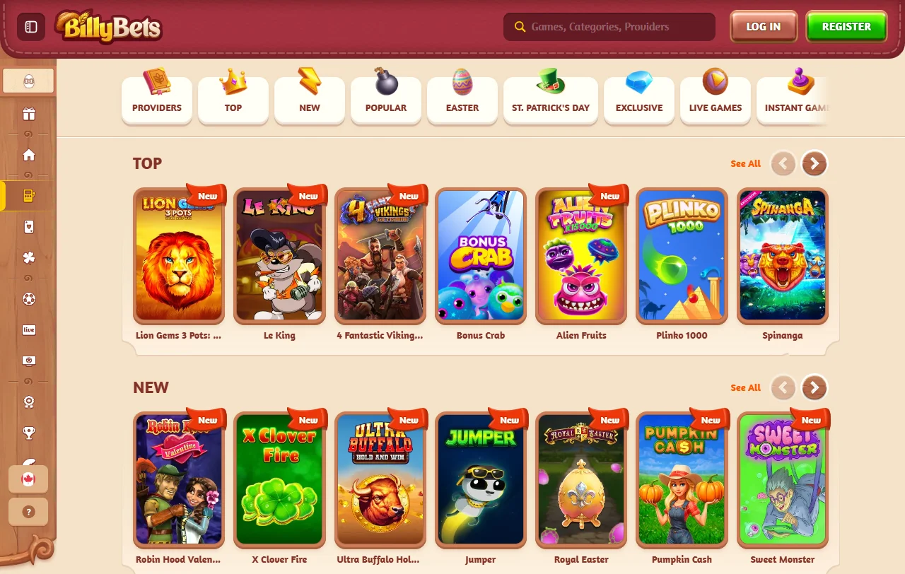 Κατάλογος παιχνιδιών του BillyBets με slots από Pragmatic Play και Playtech