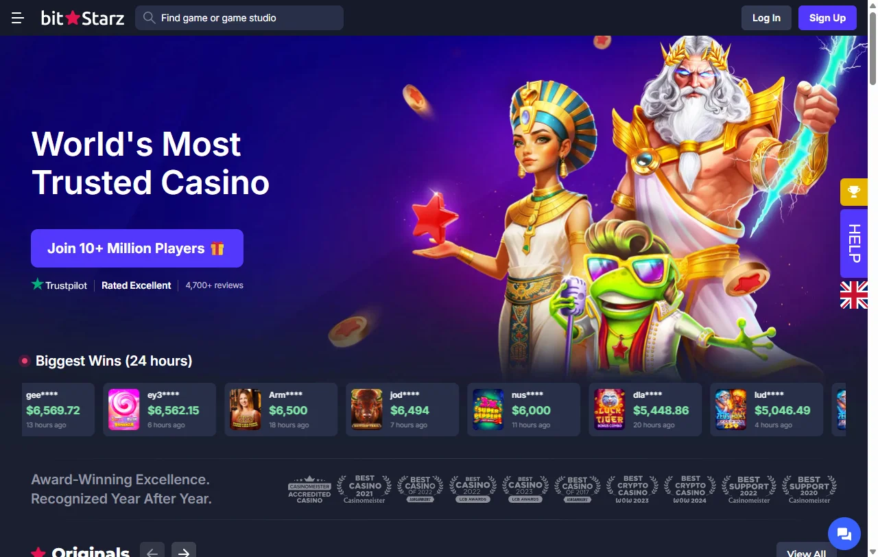 Αρχική σελίδα του BitStarz με το πακέτο καλωσορίσματος και τον κατάλογο παιχνιδιών