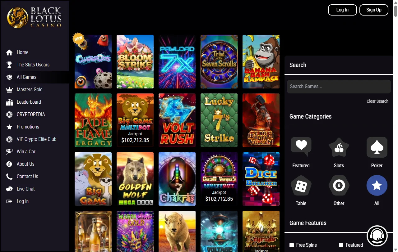 Βιβλιοθήκη κουλοχέρηδων και video poker του Black Lotus Casino από Saucify και Rival