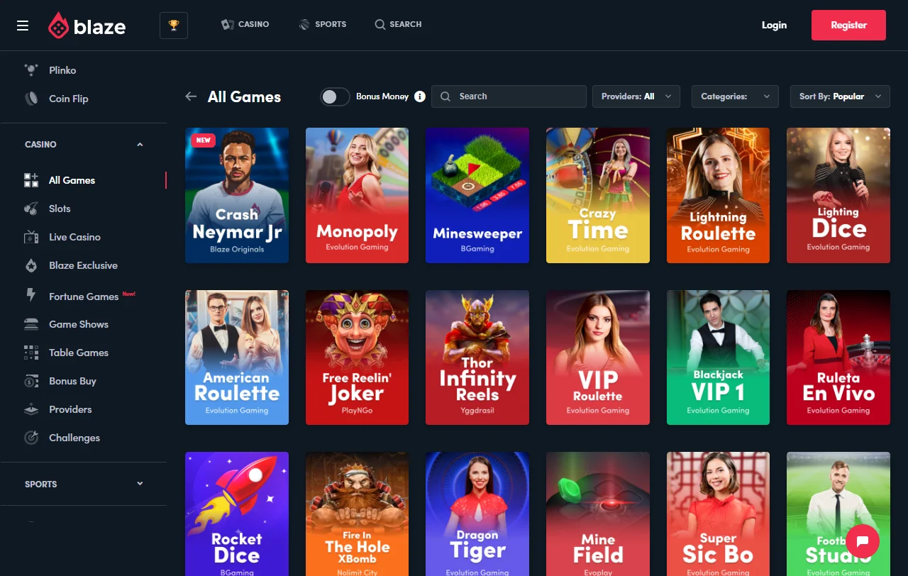 Βιβλιοθήκη παιχνιδιών του Blaze Casino με Blaze Originals και slots της BGaming