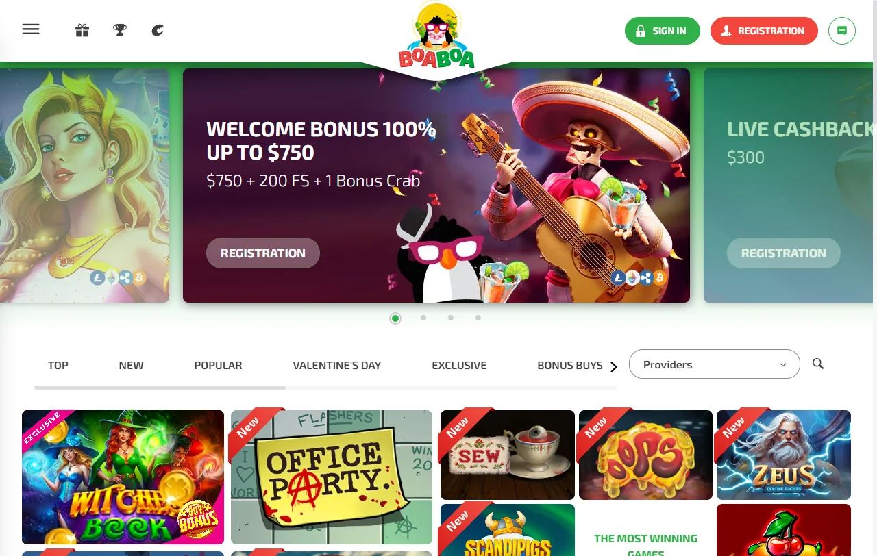 Γενική εικόνα της BoaBoa Casino με κατηγορίες παιχνιδιών, jackpots και ενεργά τουρνουά