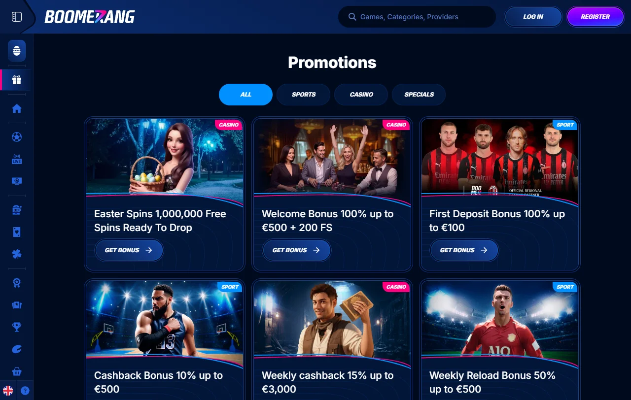 Κατάλογος παιχνιδιών του Boomerang casino με slots, live τραπέζια και jackpots