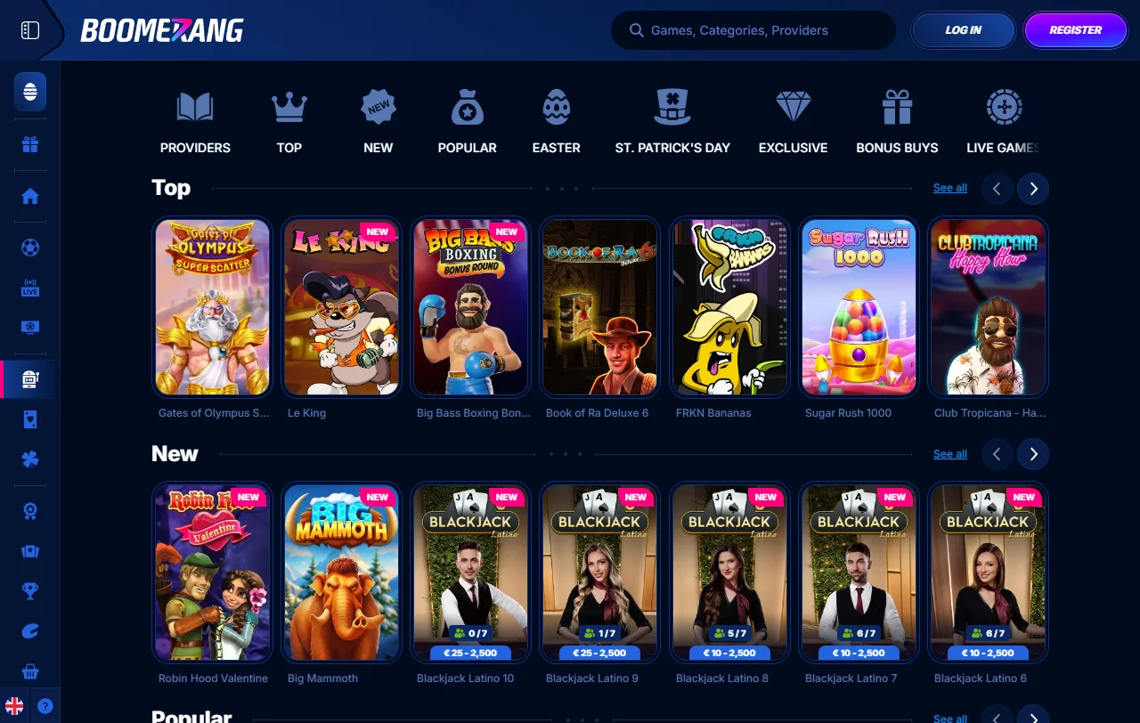 Μπόνους καλωσορίσματος του Boomerang casino 100% έως 500 € με 200 free spins