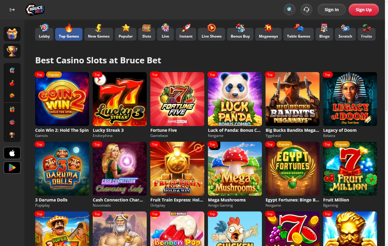 Βιβλιοθήκη slots του BruceBet Casino με τίτλους Pragmatic Play και Hacksaw Gaming