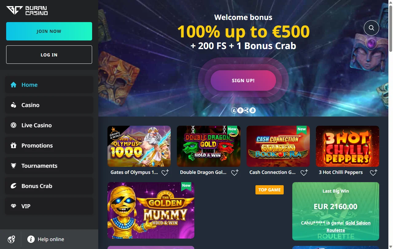 Αρχική σελίδα του Buran Casino με τις βασικές κατηγορίες και τις προσφορές