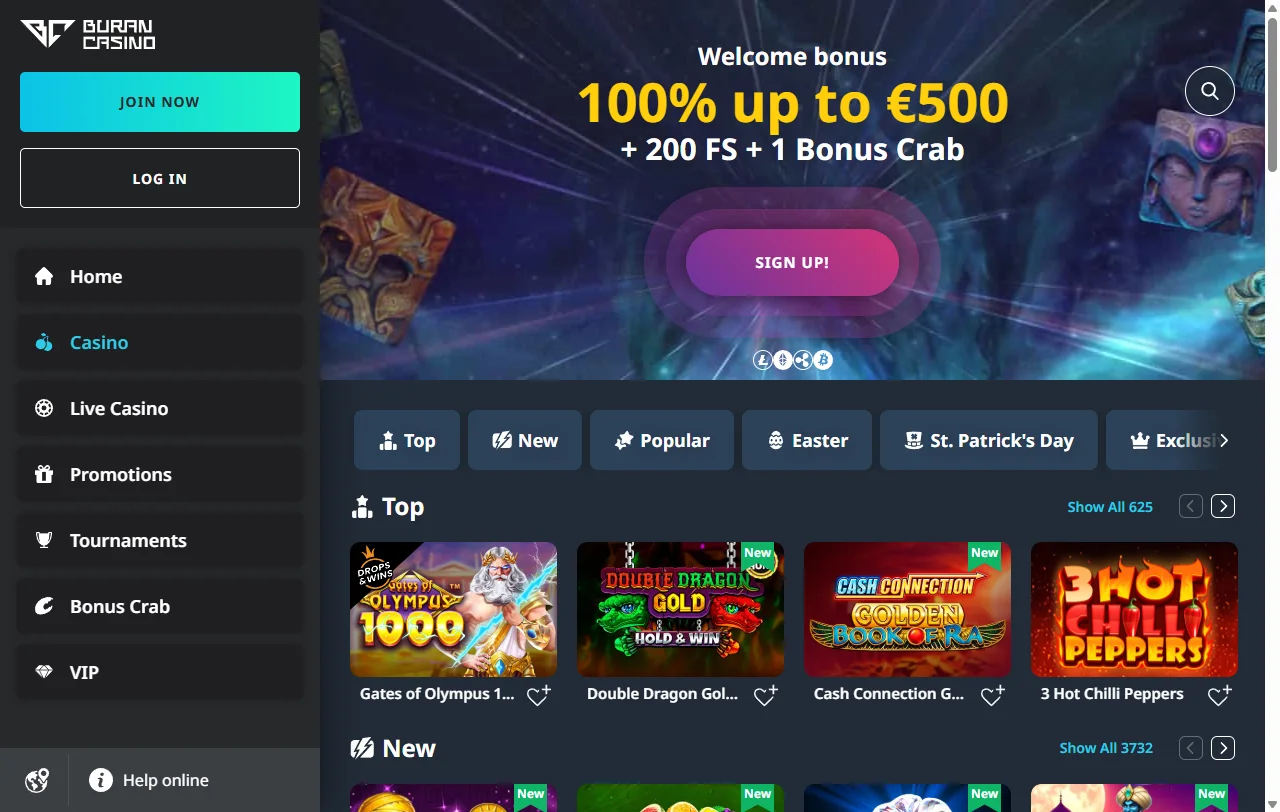Κατάλογος slots του Buran Casino με φίλτρο για περίπου 180 παρόχους