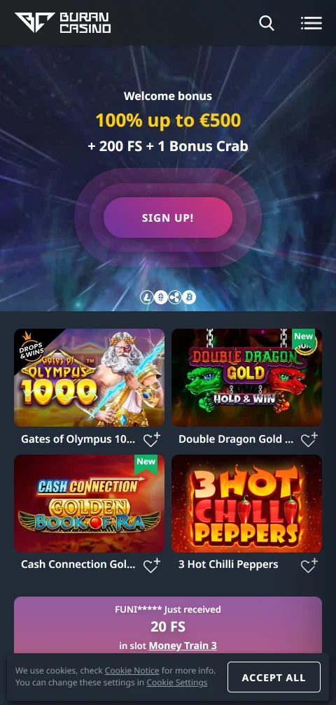 Η έκδοση browser του Buran Casino σε κινητό τηλέφωνο με lobby παιχνιδιών