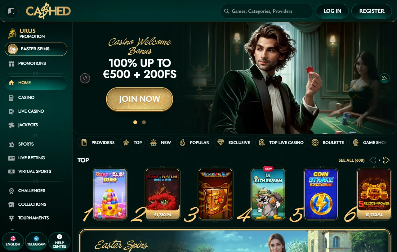 Αρχική σελίδα του Cashed Casino με καζίνο και sportsbook σε έναν λογαριασμό