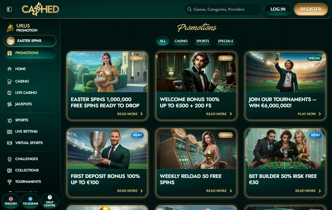 Lobby παιχνιδιών του Cashed Casino με 13.473 τίτλους και κατηγορίες slots