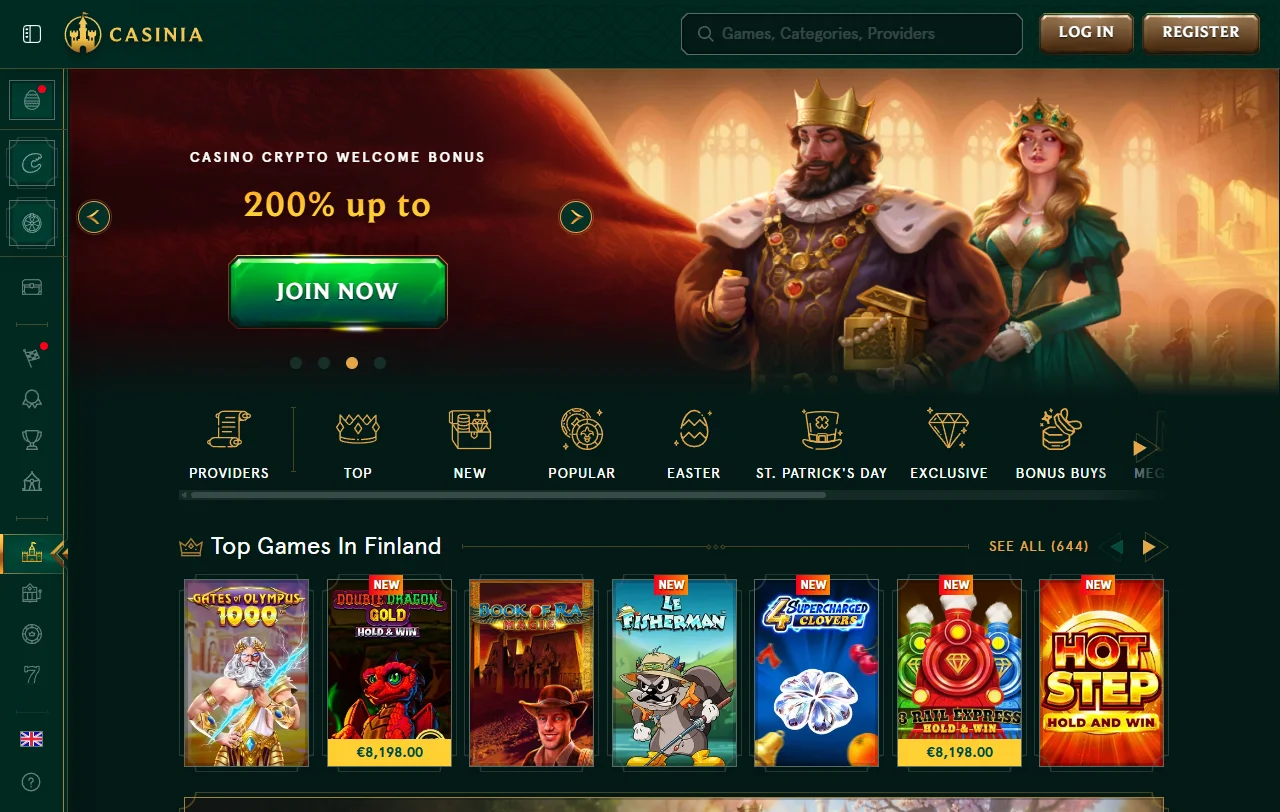 Αρχική σελίδα του Casinia Casino με φρουτάκια, live τραπέζια και αθλητικό στοίχημα