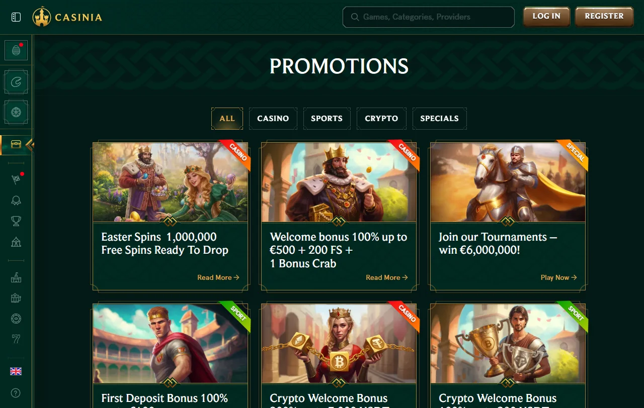 Βιβλιοθήκη του Casinia Casino με τίτλους Pragmatic Play, Novomatic και Amusnet