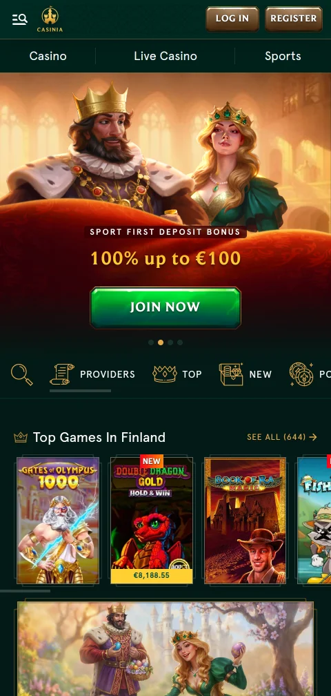 Το Casinia Casino σε mobile browser με lobby φρουτακιών και live τραπεζιών