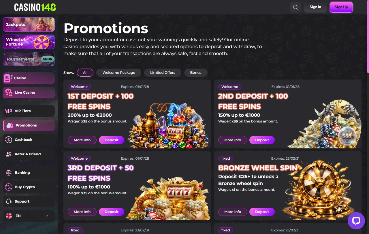 Σελίδα προσφορών του Casino148 με μπόνους καλωσορίσματος και cashback έως 15%