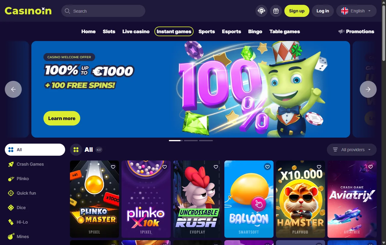 Επισκόπηση του CasinoIn Casino με άδεια Curaçao και κατηγορίες καζίνο και στοιχήματος
