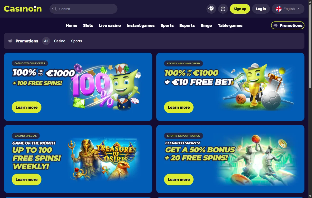 Μπόνους καλωσορίσματος CasinoIn Casino 100% έως 200 € και εβδομαδιαία free spins