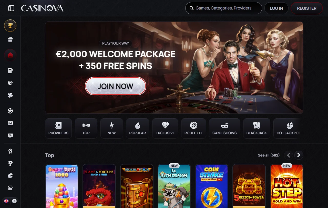 Γενική εικόνα του Casinova Casino και της ελληνικής διεπαφής για παίκτες