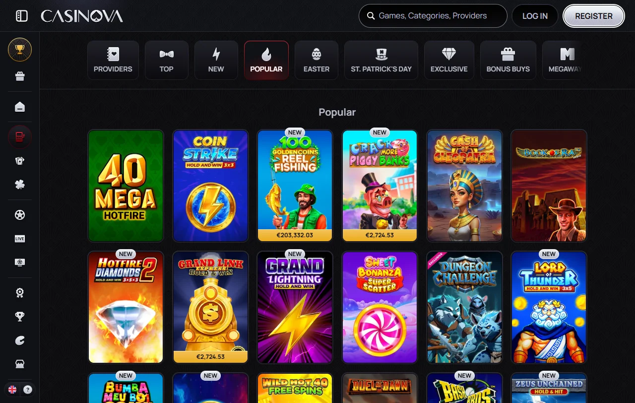 Κατάλογος του Casinova Casino με κουλοχέρηδες και live τραπέζια από 114 παρόχους