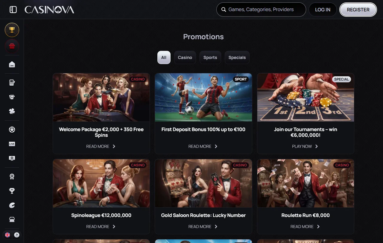 Πακέτο καλωσορίσματος του Casinova Casino έως 2.000 € με 350 free spins