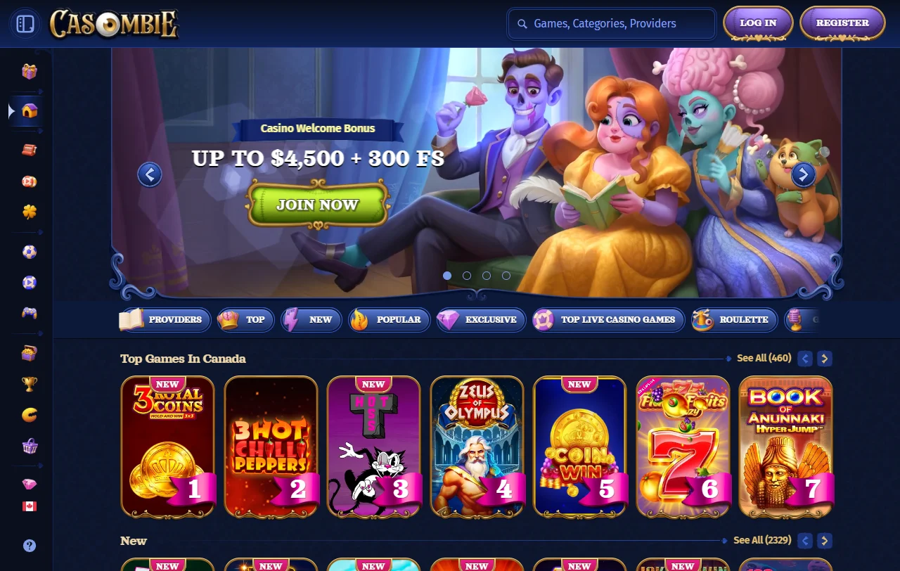 Αρχική σελίδα του Casombie Casino με το θέμα ζόμπι και τις κατηγορίες