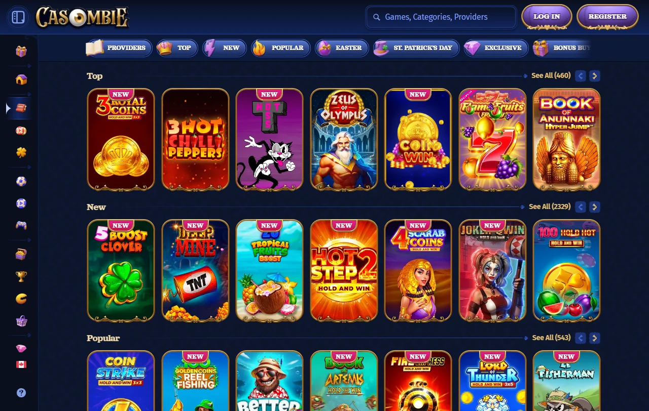 Βιβλιοθήκη slots και live τραπεζιών του Casombie Casino από 70 παρόχους