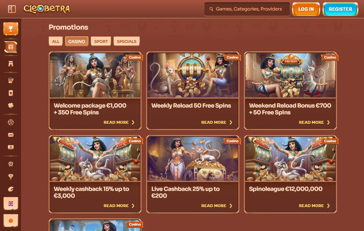 Βιβλιοθήκη παιχνιδιών του Cleobetra Casino με slots, jackpots και live τραπέζια