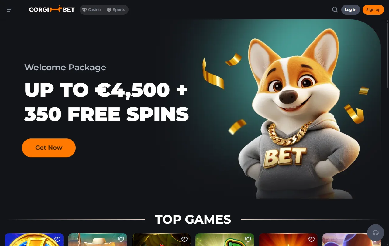 Αρχική σελίδα του Corgibet Casino με κατηγορίες παιχνιδιών και προσφορές