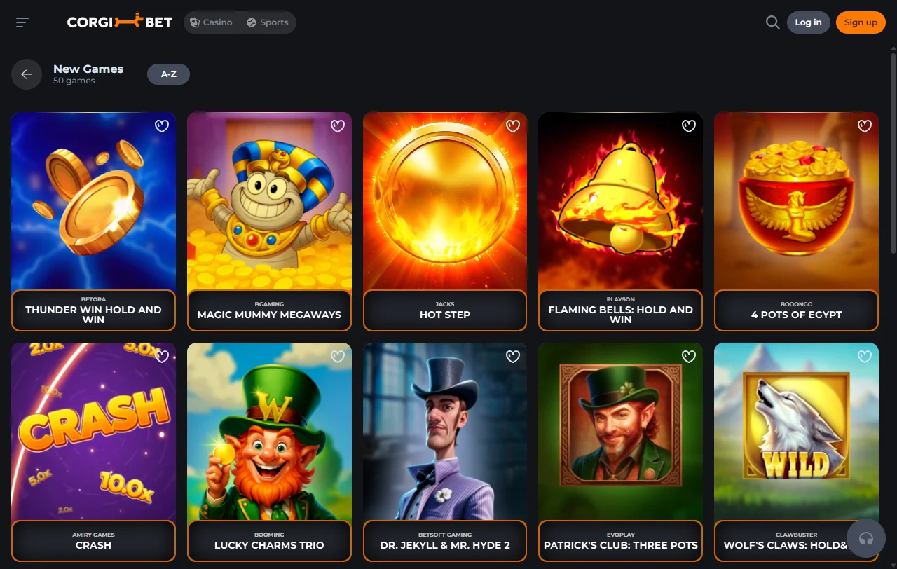 Κατάλογος slots του Corgibet Casino με τίτλους Pragmatic Play και Hacksaw Gaming